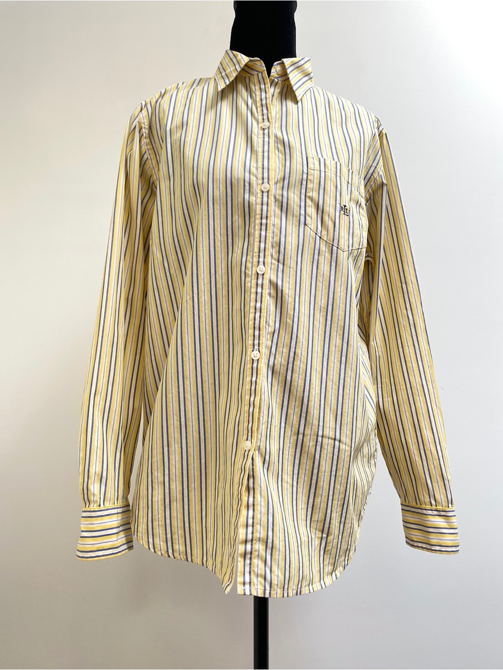 Ralph Lauren Yellow Blue Stripe Button Front Shirt Women’s Medium 100% Cotton